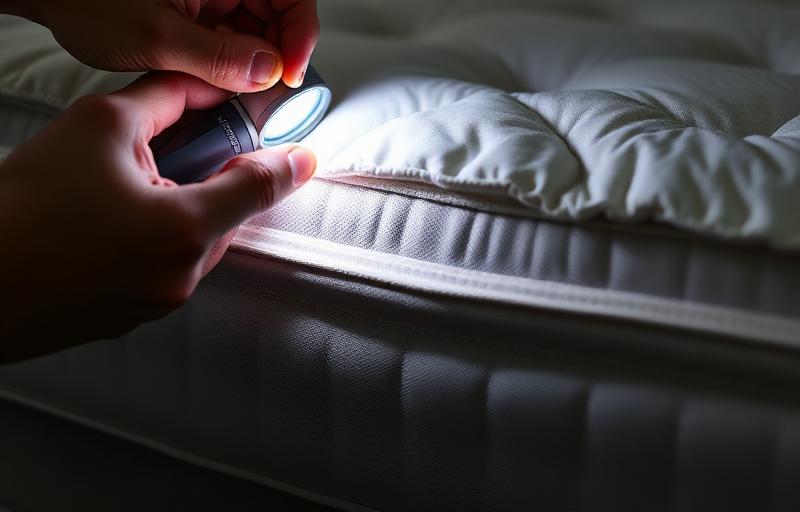 فحص حواف المرتبة بالمصباح للكشف عن البراغيث وحشرات المرتبة