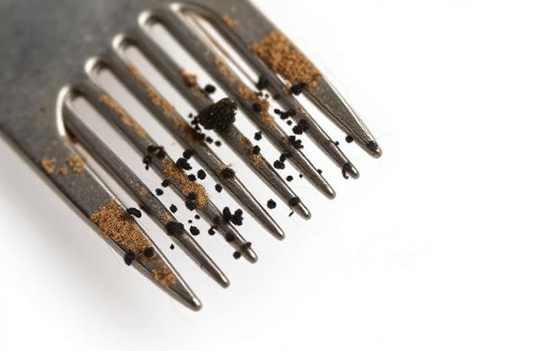 مشط براغيث عليه فضلات سوداء من فراء قطة