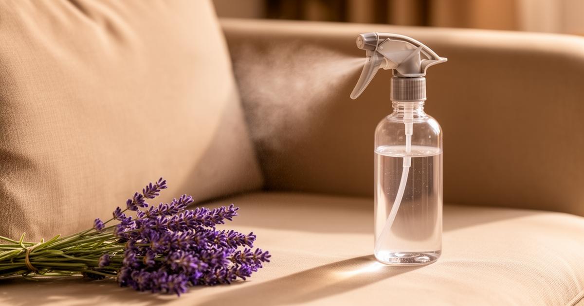 تعطير الكنب برذاذ معطر طبيعي مع أغصان اللافندر للحفاظ على رائحة منعشة