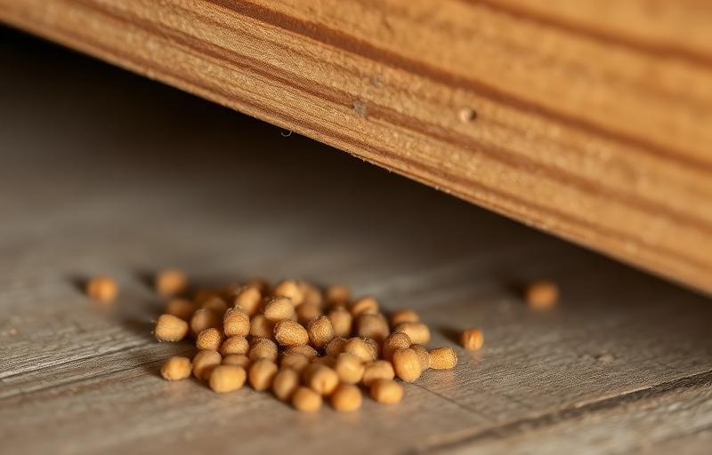 فضلات النمل الأبيض (Frass) تحت قطعة أثاث خشبي
