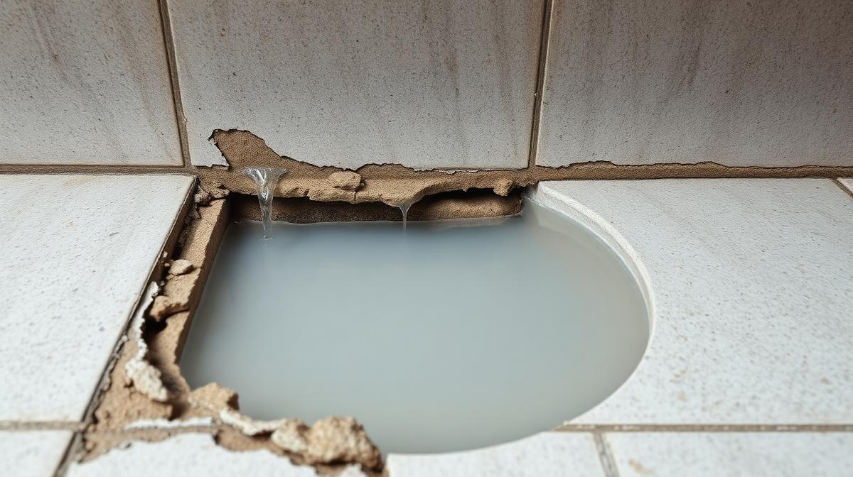ماسورة مياه مكسورة تحت أرضية بلاط مع تسرب مياه يحتاج إصلاح عاجل