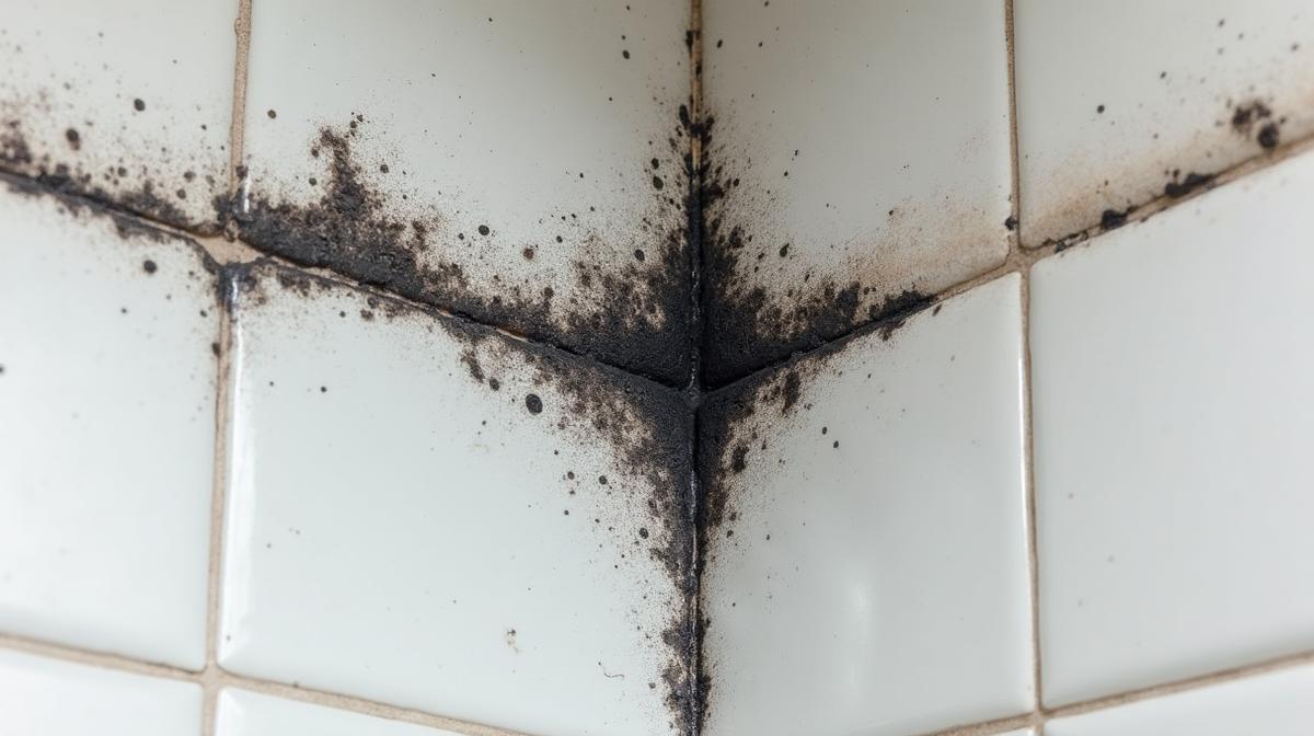 عفن أسود على زاوية حمام ناتج عن رطوبة مزمنة وتسرب مياه