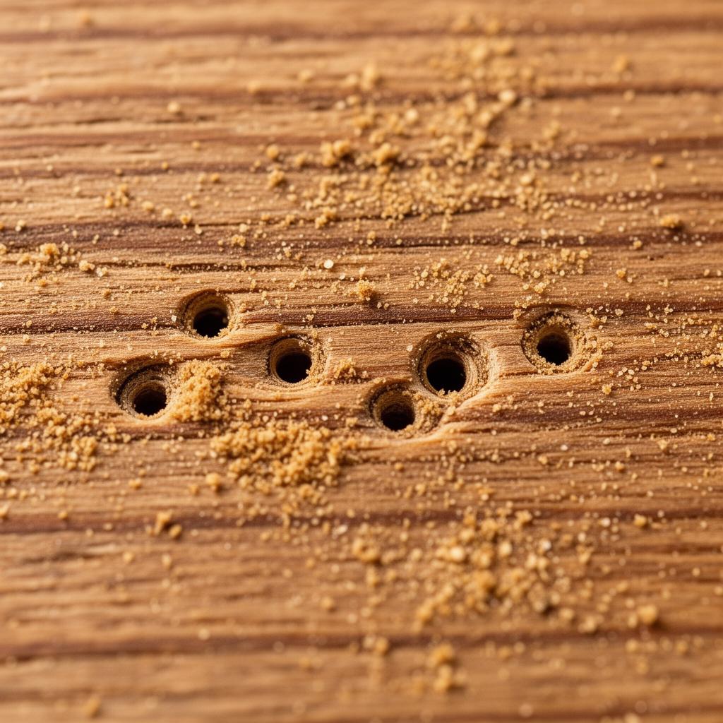 علامات إصابة سوس الخشب - ثقوب صغيرة ومسحوق ناعم